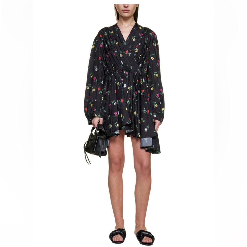 Balenciaga V-Neck Floral Printed Babydoll Mini Dress NWT FR36